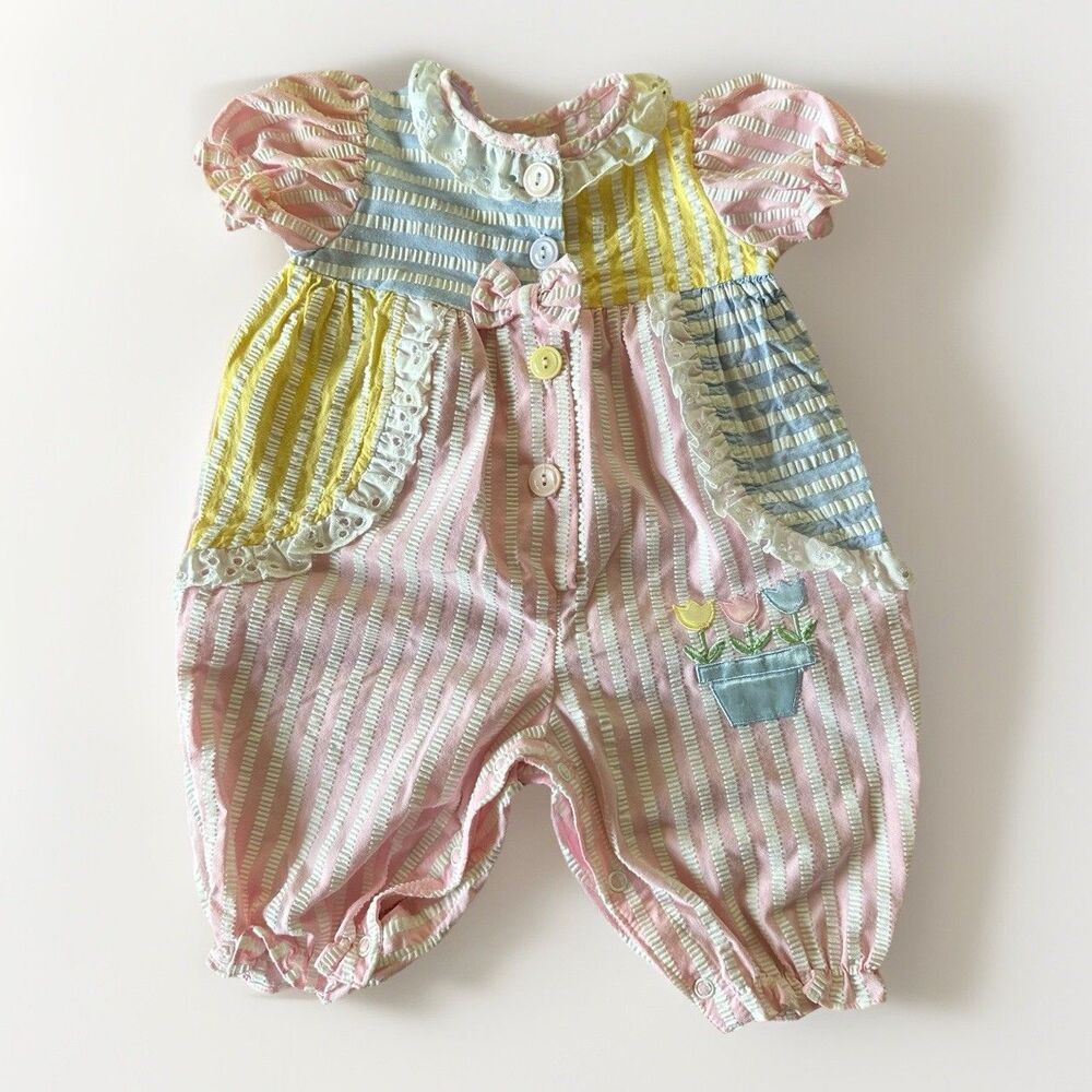 Baby Togs Size 3-6 Months Pastel Color Block Pants Romper Short Sleeve Tulips